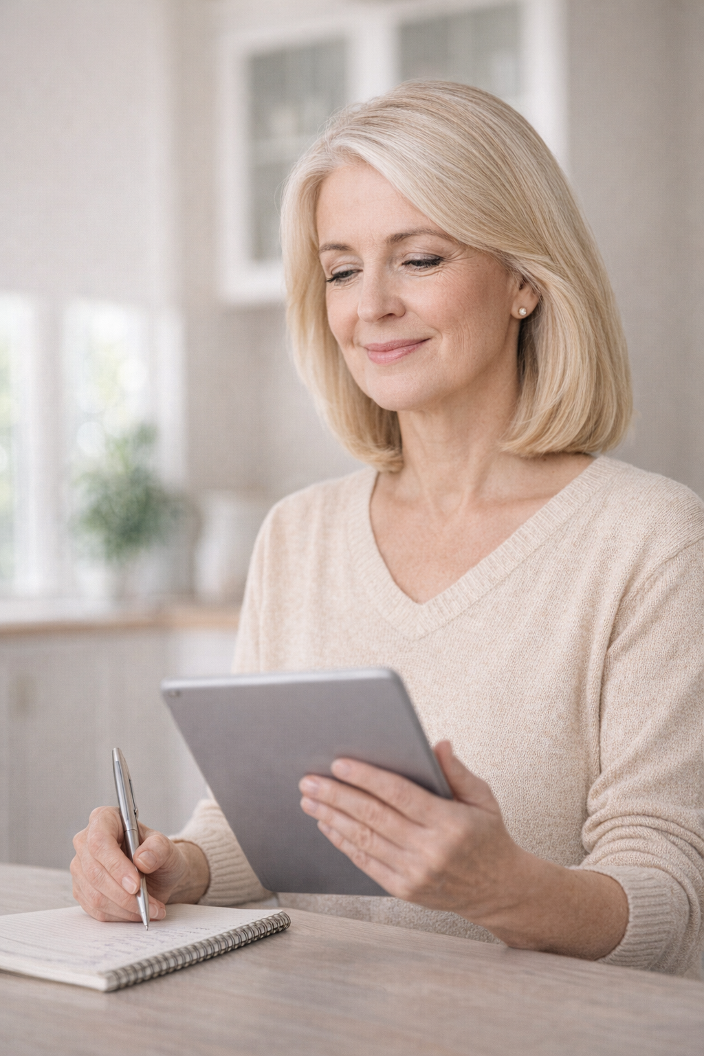 Adult woman using a tablet while planning a cognitive wellness routine